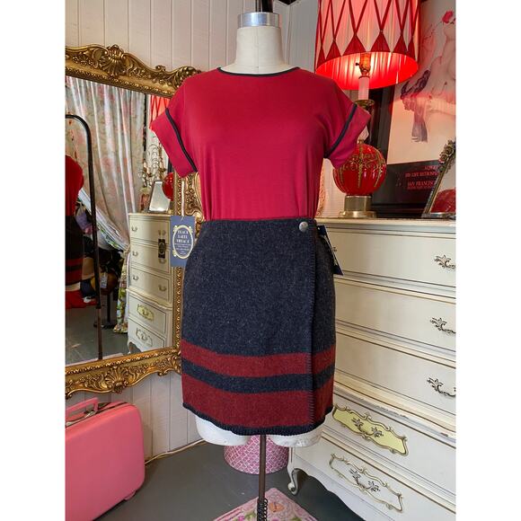 vintage 1990s ralph lauren wool wrap skirt gray and red blanket stitched mini m - Picture 1 of 9
